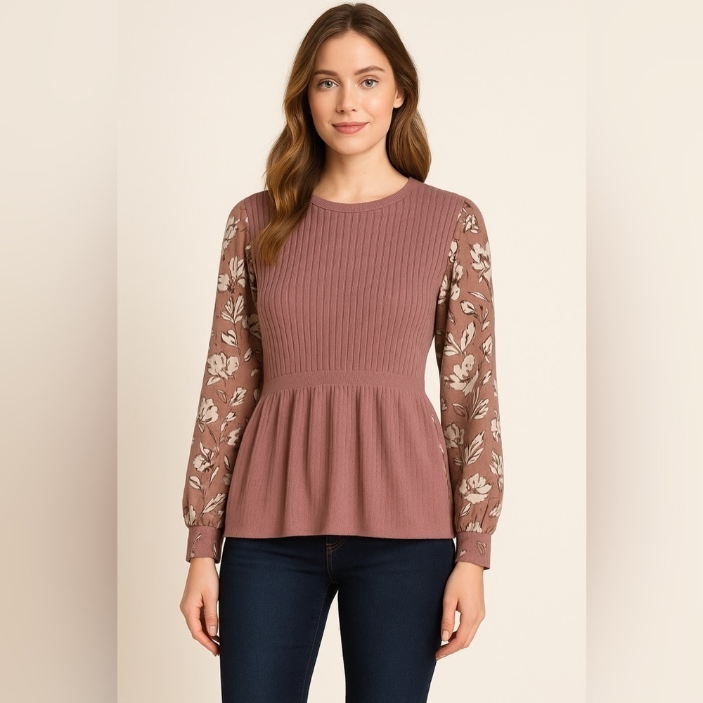 89th + Madison Lavender Peplum Pull On Sweater Bodice Sheer Sleeve  Mixed Media